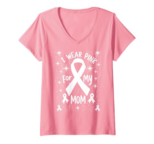Damen Ich trage Rosa zur Unterstützung des Krebsbewusstseins meiner Mutter T-Shirt mit V-Ausschnitt Damen Ich trage Rosa zur Unterstützung des Krebsbewusstseins meiner Mutter T-Shirt mit V-Ausschnitt von Mom Cancer Awareness Survivor Support Tee