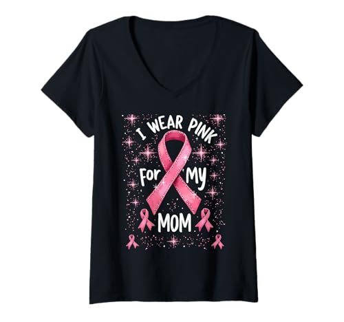 Damen Ich trage Rosa zur Unterstützung des Krebsbewusstseins meiner Mutter T-Shirt mit V-Ausschnitt von Mom Cancer Awareness Survivor Support Tee