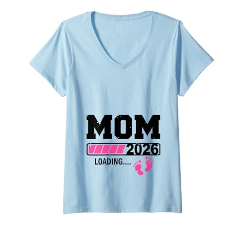 Damen Mama 2026 Schwangerschaft Ankündigung T-Shirt mit V-Ausschnitt von Mom Dad Geburt Baby 2026