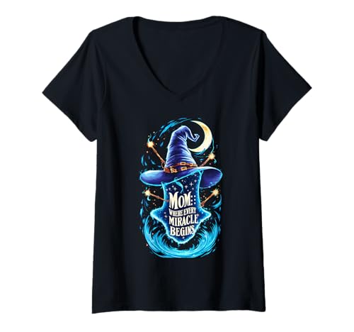 Damen Mom Where Every Magic - Funny Wizard Mother's Day Wizard T-Shirt mit V-Ausschnitt von Mom Her Love Our Truest Halloween Spooky Wizard