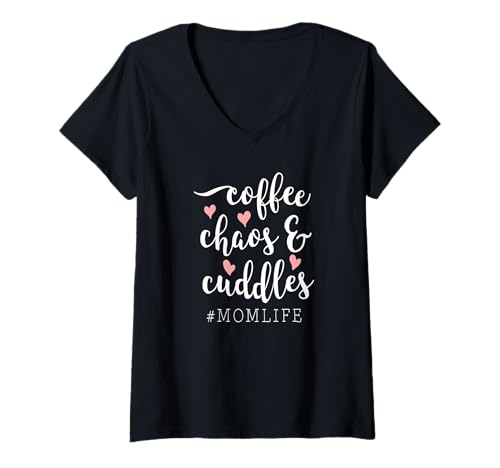 Damen Coffee Chaos and Cuddles Mom Life T-Shirt Mutter mit Kindern T-Shirt mit V-Ausschnitt von Mom LIfe Wear