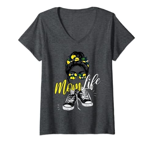 Damen Mom Life Shirts für Frauen gelbe Zitrone Sonnenbrille & Bandana T-Shirt mit V-Ausschnitt von Mom Life Messy Hair Bun tshirts for women summer