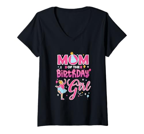 Damen Lustiger Fan für Geburtstagsparty, Mama, Ballett, lustiges Mädchen T-Shirt mit V-Ausschnitt von Mom Of Birthday Girl Matching Family Ballerina