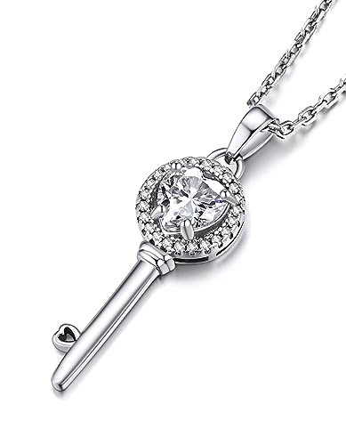 MomentWish Kette mit Schlüssel, Liebes Geschenk für Sie, 1 Karat Moissanite Diamant Halskette Schlüsselanhänger Herz Liebesschlüssel Silber 925 für Frauen Damen Mädchen von MomentWish