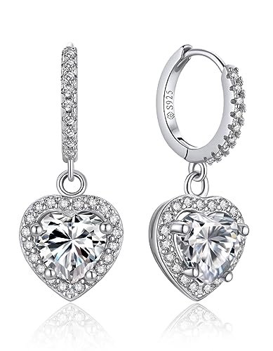 MomentWish Herz Ohrringe Hängend, 2 Karat Creolen mit Moissanite Diamant Anhänger Silber 925 Valentinstag Romantisches Geschenk für sie von MomentWish