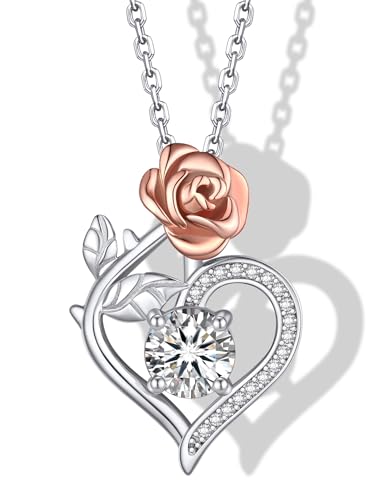 MomentWish Rose Herz Halskette, Valentinstag Geschenke für Frauen, 1Carat Moissanite Liebe Halskette für Ihre 925 Sterling Silber Blume Halskette, Geburtstag Jubiläum Schmuck Geschenke von MomentWish