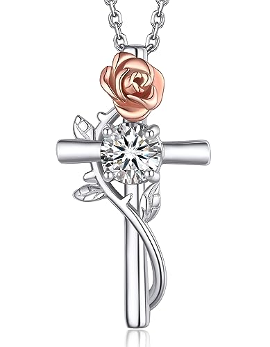 MomentWish Rose Kreuz Kette, Jahrestag Geschenk für sie, 1 Karat Moissanite Silberkette Damen 925 mit Anhänger Halskette für Frauen Mama von MomentWish