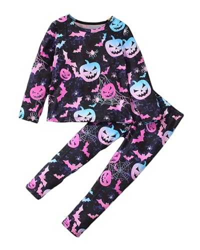 Momkonzz Halloween Pyjamas Mädchen Schlafanzug mit Fledermäusen Spinnweben Kürbis Druck Kinder Pjs Nachtwäsche 5-6 Jahre von Momkonzz