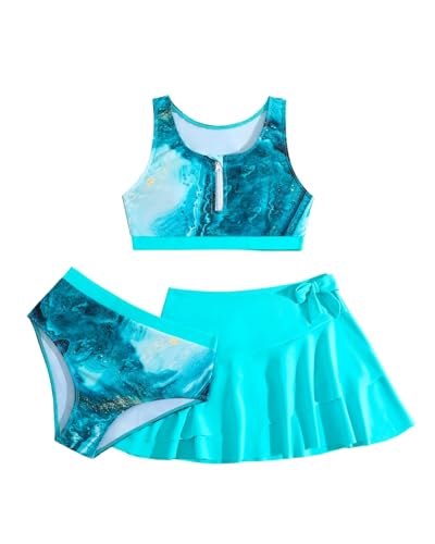 Momkonzz Mädchen 3-teiliger Badeanzug mit Rock, Kinder-Bikinioberteil + Slip + Vertuschungskleid, Teenager-Badeanzug, 7–14 Jahre, blau, 13-14 Jahre von Momkonzz