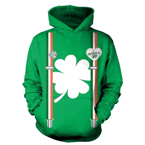 Momkonzz St Patricks Day Sweatshirt für Erwachsene, Kinder, Jungen, Mädchen, Kleeblatt-Pullover, Herren und Damen Kapuzenpullover, Grüne Kapuzenpullover für Erwachsene, XL von Momkonzz