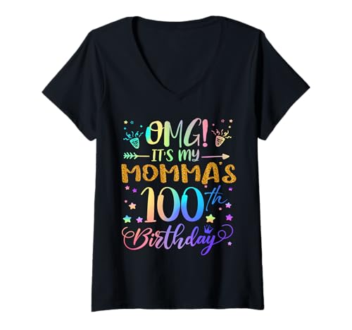 Damen OMG Es ist der 100. Geburtstag meiner Mutter, Sweet, 100 Jahre alt T-Shirt mit V-Ausschnitt Damen OMG Es ist der 100. Geburtstag meiner Mutter, Sweet, 100 Jahre alt T-Shirt mit V-Ausschnitt von Momma 100th Bday Tie Dye Son Daughter