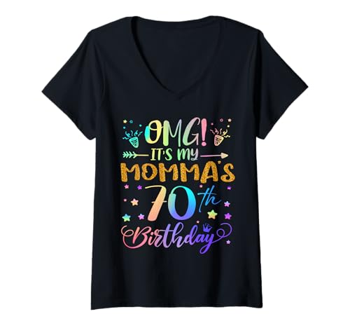 Damen OMG Es ist der 70. Geburtstag meiner Mutter, Sweet, 70 Jahre alt T-Shirt mit V-Ausschnitt von Momma 70th Bday Tie Dye Son Daughter
