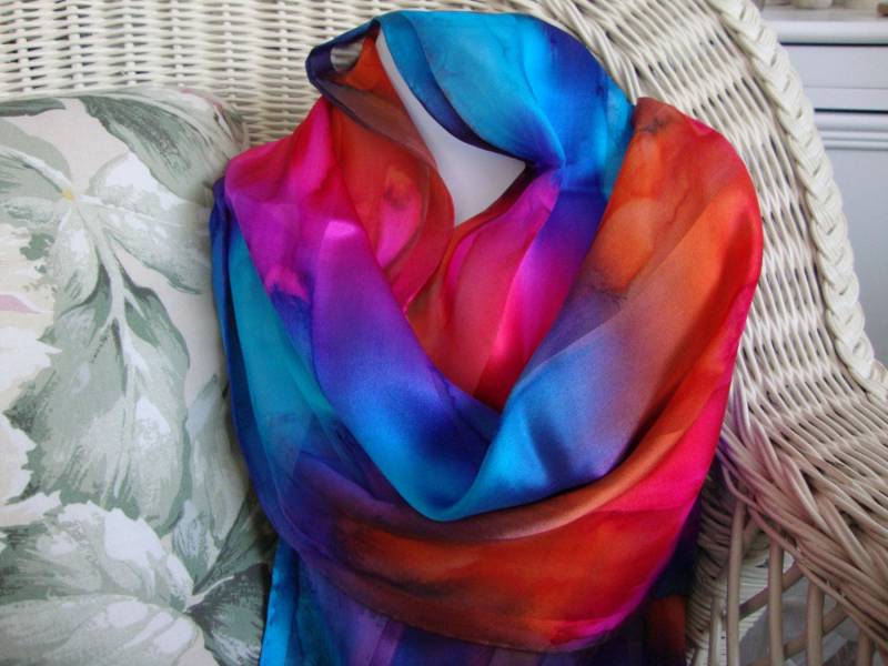 Schal, Seide, Frauen, Hand Gefärbt, Festivale Royale Seidenschal, Blau Violett Orange Hot Fuchsia Türkis Schal, Seide, Frauen, Hand Gefärbt, Festivale Royale Seidenschal, Blau Violett Orange Hot Fuchsia Türkis von MommaGoddess