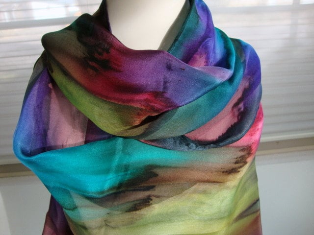 Seidenschal, Handgefärbt, Handbemalt, Über Den Regenbogen Seidenschal Winter Thema, Geschenk Für Frauen Seidenschal, Handgefärbt, Handbemalt, Über Den Regenbogen Seidenschal Winter Thema, Geschenk Für Frauen von MommaGoddess