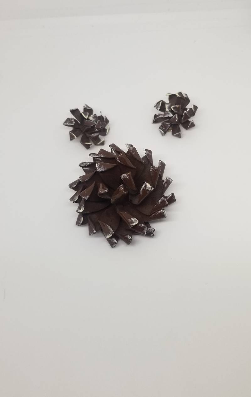 Vintage Emaille Große Schnee Bedeckt Kiefer Kegel Brosche Und Clip Auf Ohrring Set von MommaKosmos