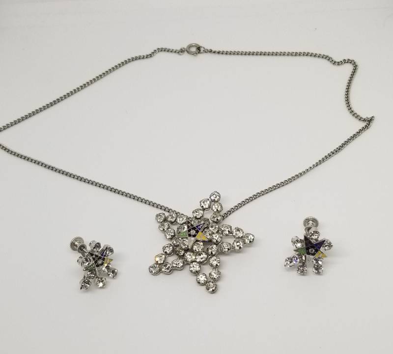 Vintage Oes Stern Anhänger Halskette Und Ohrringe/Ohrhänger Set Strassstein Emaille von MommaKosmos