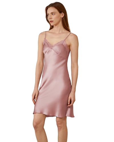 Mommesilk 100% Seiden Nachthemd für Damen Leaver-Spitze Spleiß-Seiden-Slip-Kleid Schlaf-Seiden-Pyjama-Kleid zum Schlafen Nachthemd Rosy Pink X-Large von Mommesilk