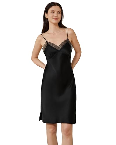 Mommesilk 100% Seiden Nachthemd für Damen Leaver-Spitze Spleiß-Seiden-Slip-Kleid Schlaf-Seiden-Pyjama-Kleid zum Schlafen Nachthemd Schwarz X-Large von Mommesilk