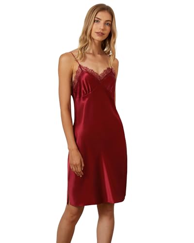 Mommesilk 100% Seiden Nachthemd für Damen Leaver-Spitze Spleiß-Seiden-Slip-Kleid Schlaf-Seiden-Pyjama-Kleid zum Schlafen Nachthemd Weinrot Medium von Mommesilk