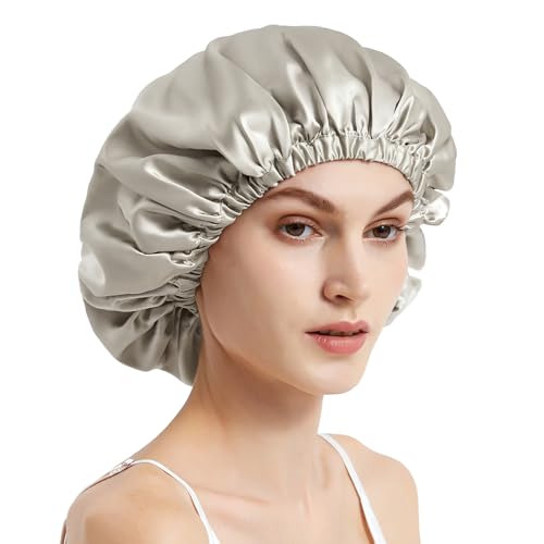 Mommesilk 100% Seidenmütze Damen 22 Momme Große Seidenschlafmütze Elastisches Band Seiden Turban für Frizziges Haar Schadensvorbeugung Grau von Mommesilk