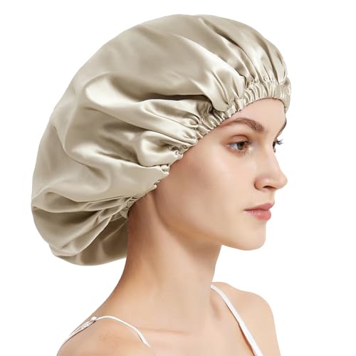 Mommesilk 100% Seidenmütze Damen 22 Momme Große Seidenschlafmütze Elastisches Band Seiden Turban für Frizziges Haar Schadensvorbeugung Helles Kaffee von Mommesilk