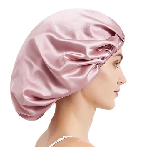 Mommesilk 100% Seidenmütze Damen 22 Momme Große Seidenschlafmütze Elastisches Band Seiden Turban für Frizziges Haar Schadensvorbeugung Rosarot von Mommesilk