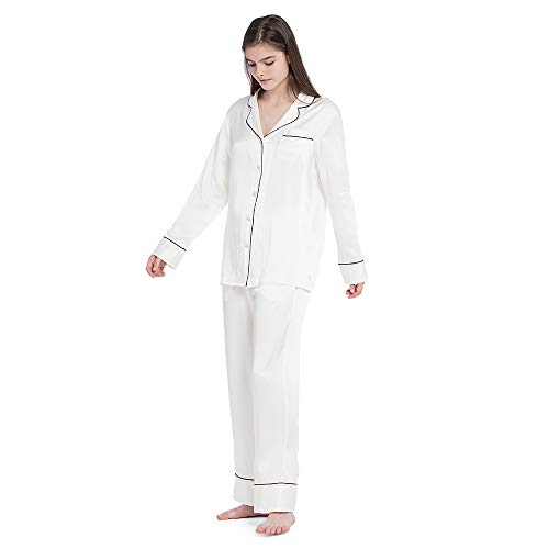 Mommesilk Seide Pyjama Damen Maulbeerseide Schlafanzug 2pc Set Nachtwäsche Homewear Damenpyjama aus 19 Momme Sommer Elfenbein, M von Mommesilk