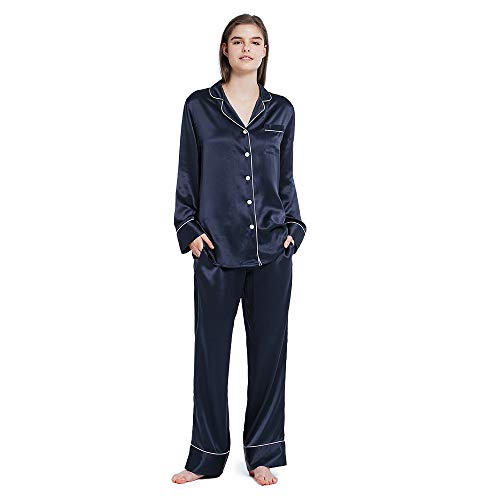 Mommesilk Seide Pyjama Damen Maulbeerseide Schlafanzug 2pc Set Nachtwäsche Homewear Damenpyjama Reise aus Echte 19 Momme Seide Navy Blau, M von Mommesilk