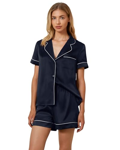 Mommesilk Kurzes Seiden-Pyjama-Set für Damen Maulbeerseiden-Pyjama 2-teilig waschbar niedliche Damen-Nachtwäsche aus Seide Blau Größe S von Mommesilk