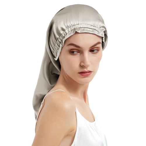 Mommesilk Maulbeerseide Haarhaube Schlafmütze Schlafhaube 100% Seide 22 Momme Lange Seidenmütze Kappe für lockiges Haar Seidenhaube für Frauen mit Langen Haaren Silbergrau von Mommesilk