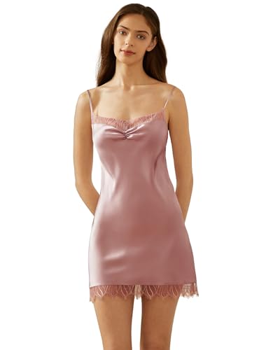 Mommesilk Nachthemd aus 100% Seide für Damen Nachthemd Mini-Slip-Kleid aus Leaver-Spitze Seide zum Schlafen V-Rücken verstellbare Träger Damen Rosy Pink X-Large von Mommesilk