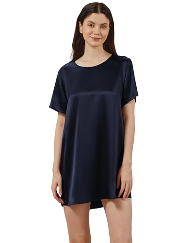Mommesilk Nachthemd aus Reiner Seide für Damen Seidenkleid Pyjama Nachthemd kurzärmlig Seidenpullover Schlafshirt Damen-Nachtwäsche Marineblau Größe M von Mommesilk