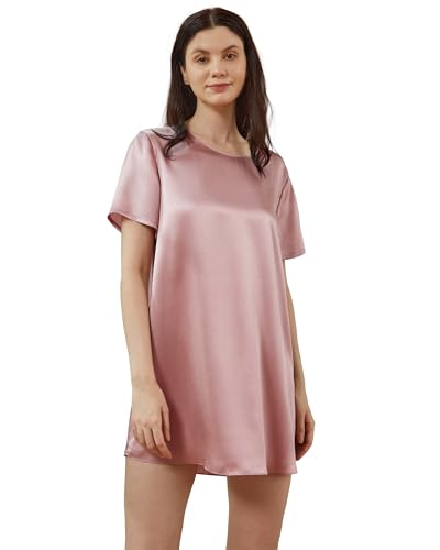 Mommesilk Nachthemd aus Reiner Seide für Damen Seidenkleid Pyjama Nachthemd kurzärmlig Seidenpullover Schlafshirt Damen-Nachtwäsche Rosy Pink Größe L von Mommesilk