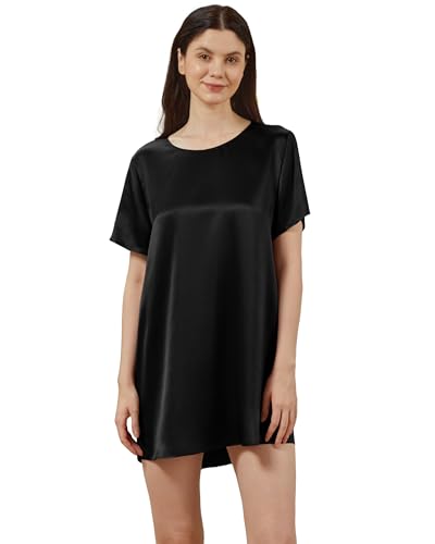Mommesilk Nachthemd aus Reiner Seide für Damen Seidenkleid Pyjama Nachthemd kurzärmlig Seidenpullover Schlafshirt Damen-Nachtwäsche Schwarz Größe M von Mommesilk