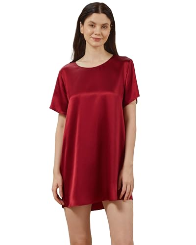Mommesilk Nachthemd aus Reiner Seide für Damen Seidenkleid Pyjama Nachthemd kurzärmlig Seidenpullover Schlafshirt Damen-Nachtwäsche Weinrot Größe M von Mommesilk