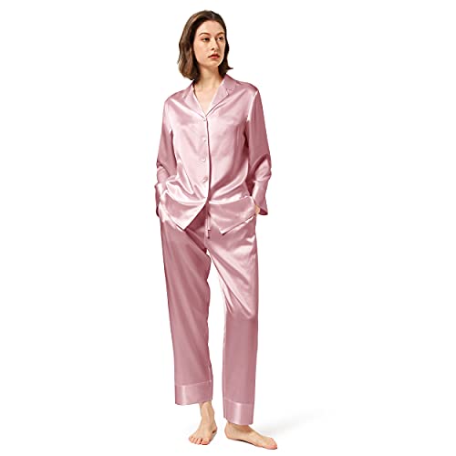 Mommesilk Seide Pyjama Damen Maulbeerseide Schlafanzug 2pc Set Nachtwäsche Homewear Damenpyjama Mädchen Reise aus Echte 19 Momme Seiden (Rosa, M) von Mommesilk