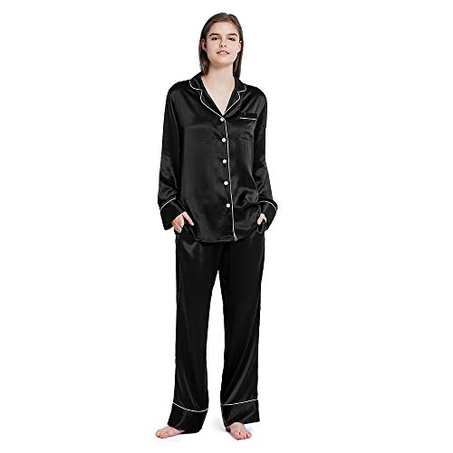 Mommesilk Seide Schlafanzug Pyjama Hausanzug Damen Maulbeerseide Set Nachtwäsche Homewear Damenpyjama aus 19 Momme Seiden Sommer Schwarz, M von Mommesilk