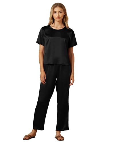 Mommesilk Seidenpyjama für Damen Pullover-Oberteil und Hose 2-teiliges Seiden-Pyjama-Set waschbare Seiden-Nachtwäsche Loungewear Schwarz Größe L von Mommesilk