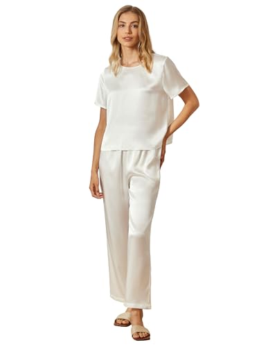 Mommesilk Seidenpyjama für Damen Pullover Oberteil und Hose 2-teiliges Seiden-Pyjama-Set waschbare Seiden-Nachtwäsche Loungewear Weiß Größe S von Mommesilk