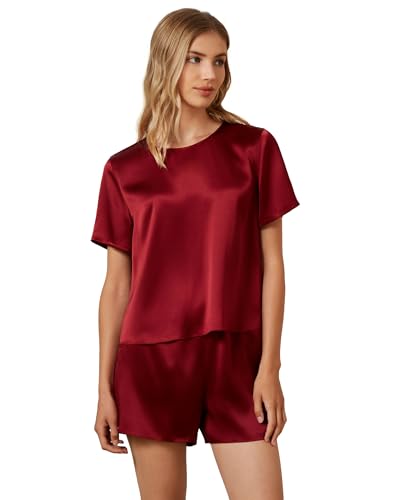 Mommesilk Seidenpyjama für Damen Pullover-Oberteil und Shorts 2-teiliges Seiden-Pyjama-Set waschbare Seiden-Nachtwäsche Loungewear Rot Größe S von Mommesilk