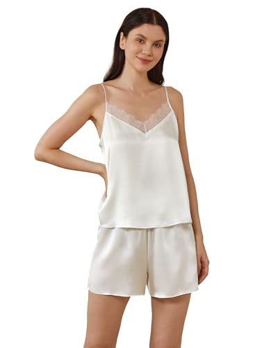Mommesilk Seidenpyjama für Damen Pyjama-Set aus Leaver-Spitze 2-teiliges entspanntes Camisole-Oberteil mit Shorts waschbar Sommerweiß Größe XL von Mommesilk