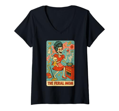 Damen The Feral Mom Tarot-Skelett Chaos Design T-Shirt mit V-Ausschnitt Damen The Feral Mom Tarot-Skelett Chaos Design T-Shirt mit V-Ausschnitt von Mommy Issues Arcana