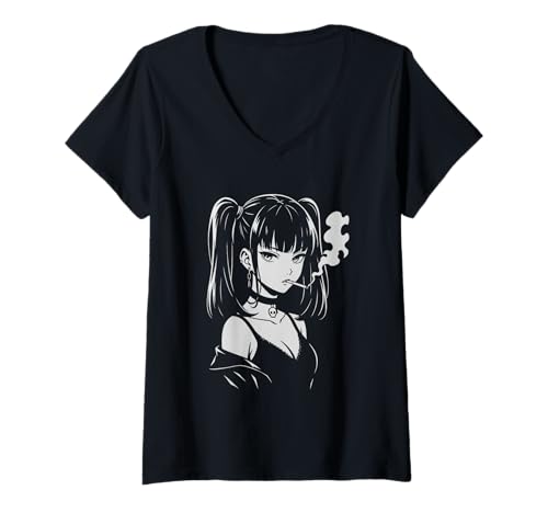 Damen Soft Grunge Anime Girl Gothic Anime Goth Liebhaber Horror Anime T-Shirt mit V-Ausschnitt Damen Soft Grunge Anime Girl Gothic Anime Goth Liebhaber Horror Anime T-Shirt mit V-Ausschnitt von Mommy Obsession Co.