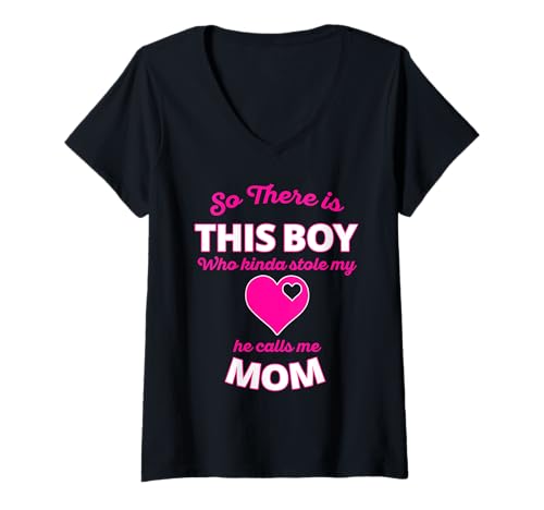 Damen Niedliches rosa Herz mit Aufschrift "This Boy Stole My Heart He Calls Me Mom" T-Shirt mit V-Ausschnitt Damen Niedliches rosa Herz mit Aufschrift "This Boy Stole My Heart He Calls Me Mom" T-Shirt mit V-Ausschnitt von Mommy Sonny Hearts Apparel
