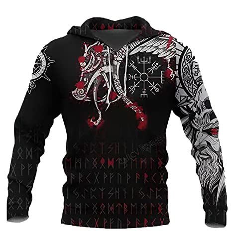 Herren Wikinger Totem Hoodie Pullover 3D Print Nordische Mythologie Vintage Kapuzenoberteile Sweatshirt von Momobuyi