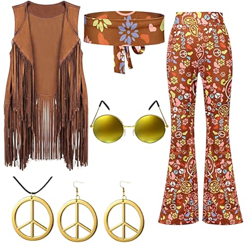 Hippie Kostüm Damen Set Fransen ärmellos Weste Hippie Kleidung 60er 70er Bekleidung Damen Mädchen Disco Outfit Fransenweste für Halloween Karneval Cosplay (Khaki, L) von Momolaa