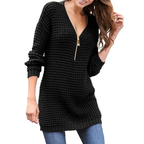 Momolaa Damenpullover Mit V-Ausschnitt Und Reißverschluss, Einfarbig, Langärmelig Strickjacke Warm Grobstrick Pulli Strickpullover Gerippt Oversized Pullover (Black, M) von Momolaa