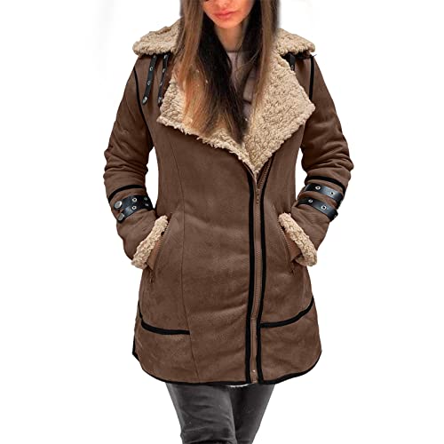 Momolaa Herren Plus Size Wintermantel Reverskragen Langarm Gepolsterte Lederjacke Vintage Verdicken Mantel Schaffelljacke Bodenlanger Damen Mantel (Khaki, XL) von Momolaa