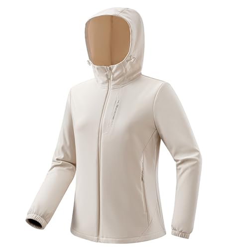 Momooda Damen Wasserdichte Softshell Jacke mit Fleece Gefüttert, Kapuze,Winddichte Flanell Softshell Arbeitsjacke mit Abzippbarer für Wandern Camping, Beige, XXL von Momooda
