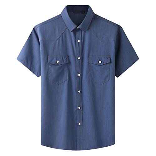 Momooda Herren Jeanshemd Regular Fit Stretch Kurzarm Button-Down-Hemden, lässige leichte Sommerhemden, Blau 01, 7XL von Momooda